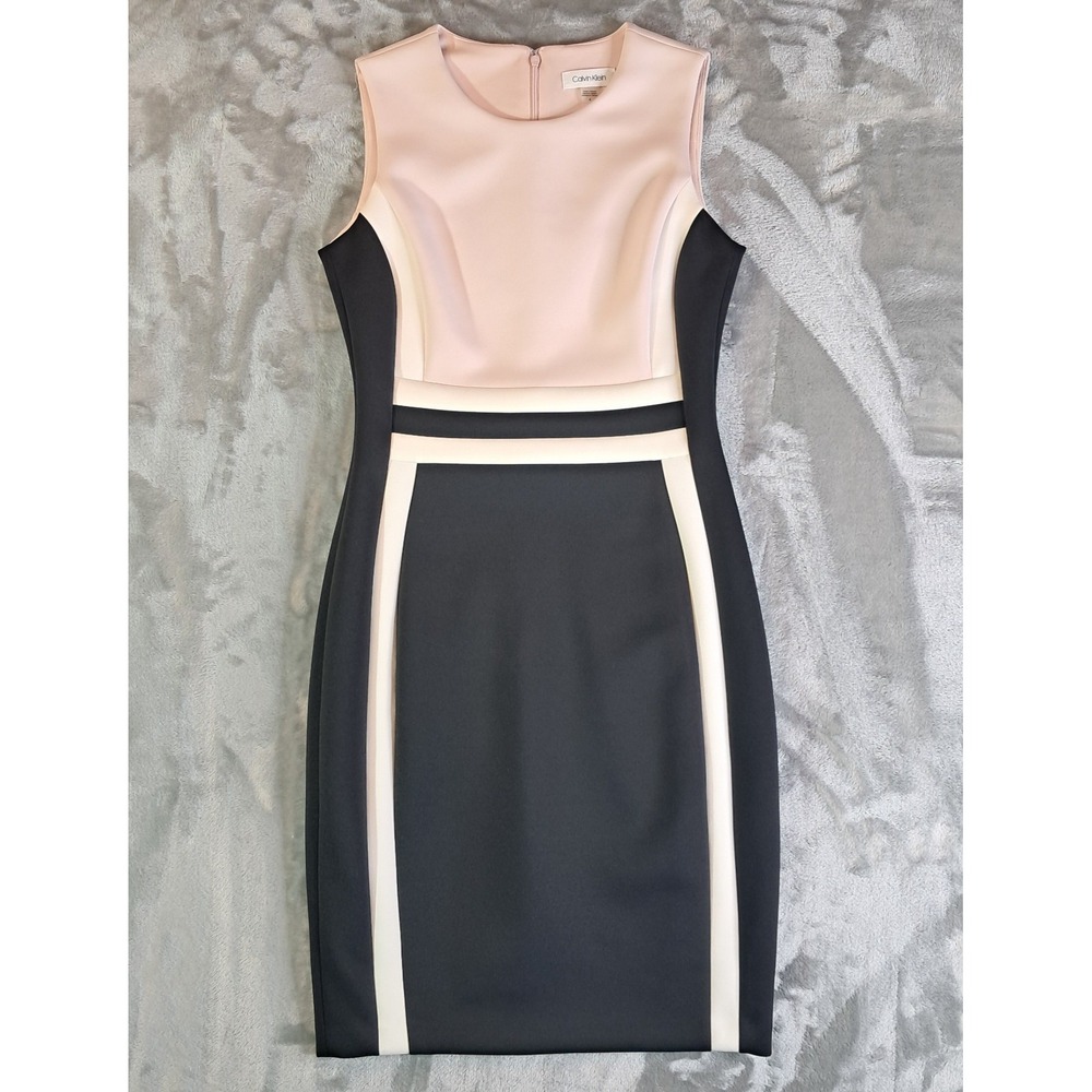 CALVIN KLEIN Colorblock Sheath Dress Size 4 Pink Black White Sleeveless Workwear